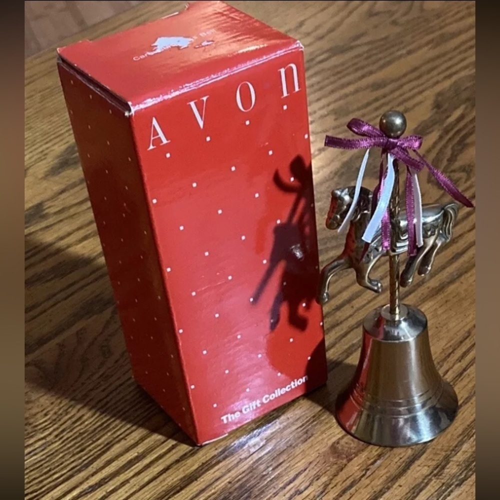 VINTAGE AVON Brass Carousel Horse Bell with ribbons approx 6 inches tall